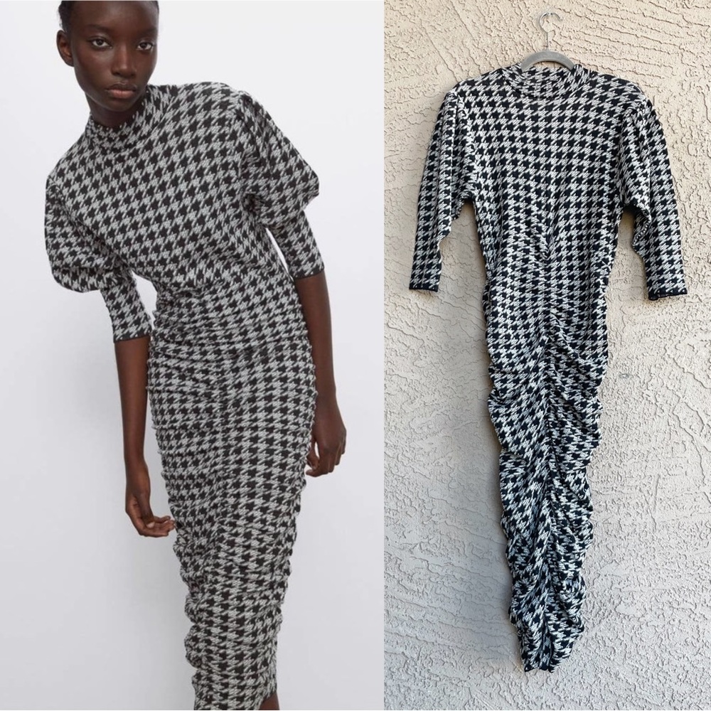 ZARA BLOGGER FAVE Black Gray Houndstooth Jacquard Ruched Bodycon Midi Dress S